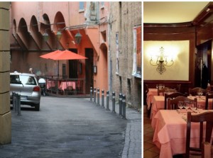 Colage del frontis de Trattoria Leonida e interior en Bolonia